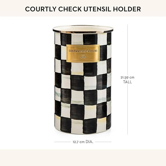 MACKENZIE-CHILDS Enamel Utensil Holder, Kitchen Utensil Holder for Countertop, Storage Caddy, Black-and-White Courtly Check