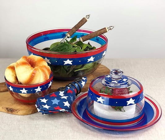 Hand Painted Salad Serving Bowl - Patriotic Collection - Hand Painted Glassware by USA Artists - Unique and Decorative Large Serving Bowl 11", July 4th Kitchen Table Décor