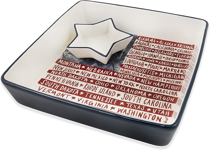 Boston International Ceramic Chip & Dip Serving Dish, 10.5-Inches, One Flag One Nation